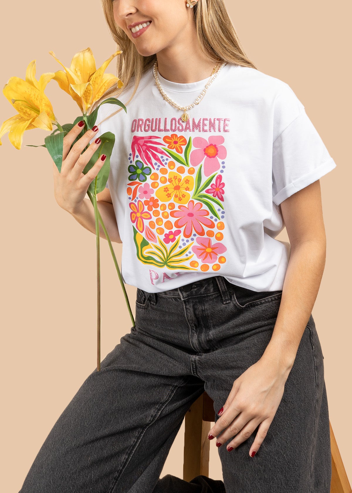 Camiseta algodón con estampado floral orgullosamente paisa color blanco 107058