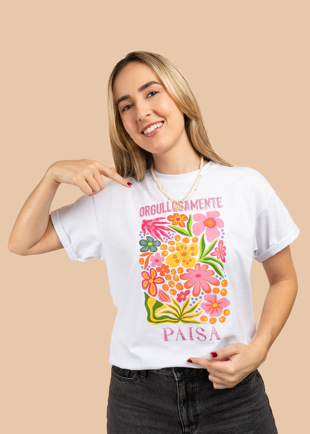 Camiseta algodón con estampado floral orgullosamente paisa color blanco 107058