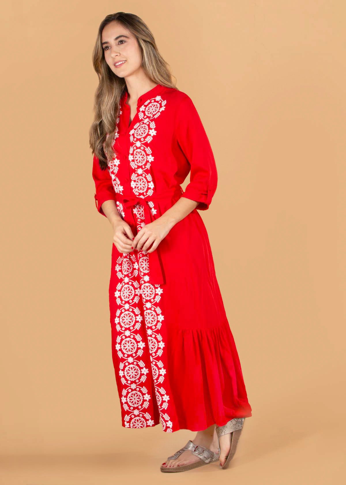 Vestido largo color rojo con flores 104586