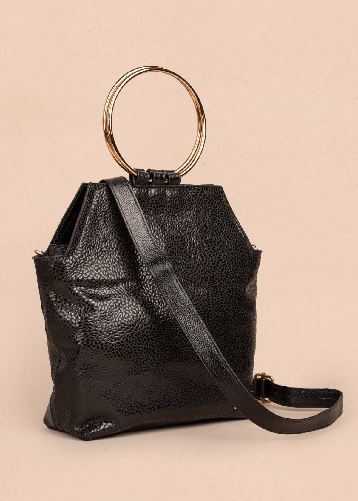 Bolso tipo shopping en cuero color negro con folia 105094