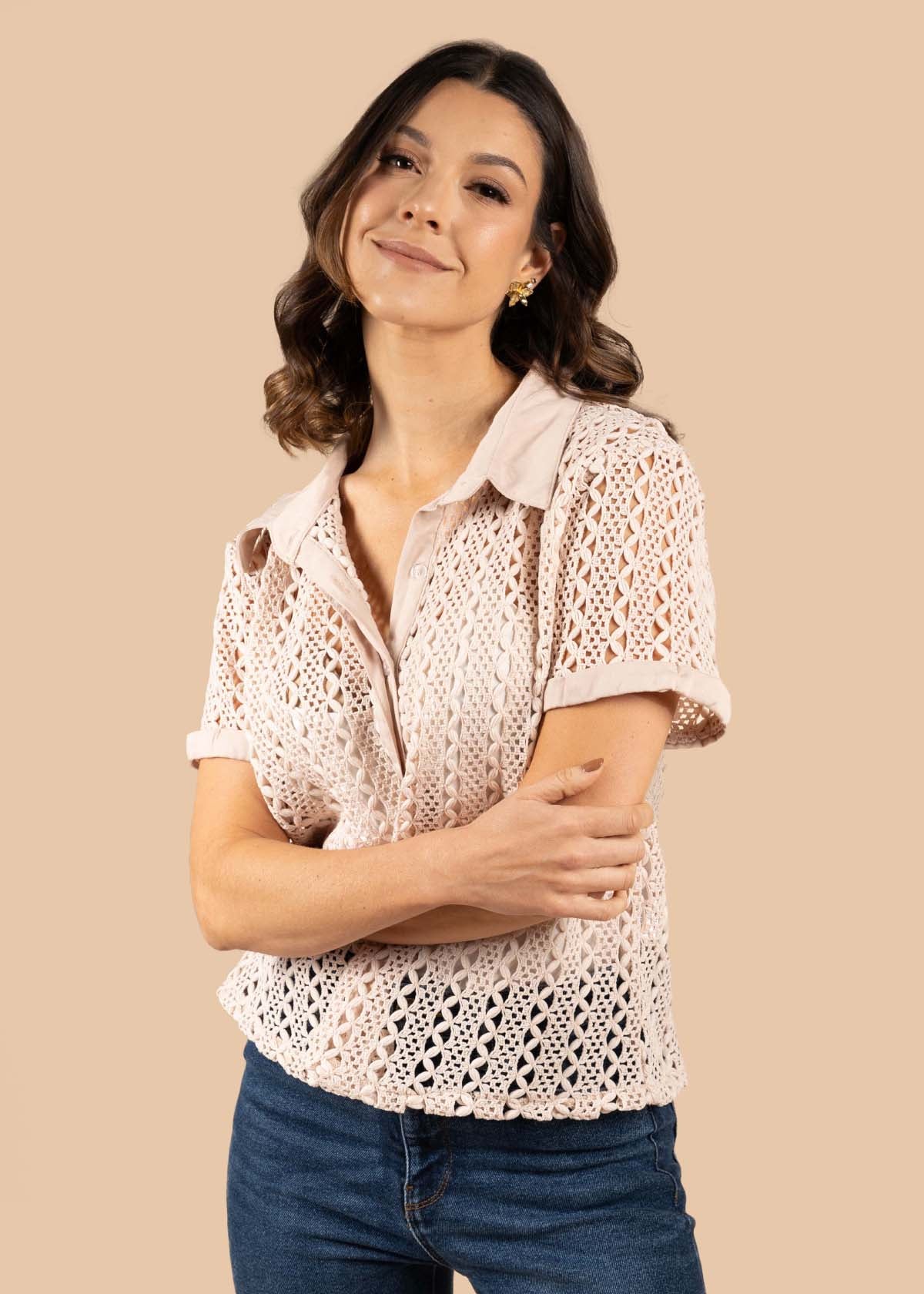Blusa tejida color marfil tejido en malla 105184
