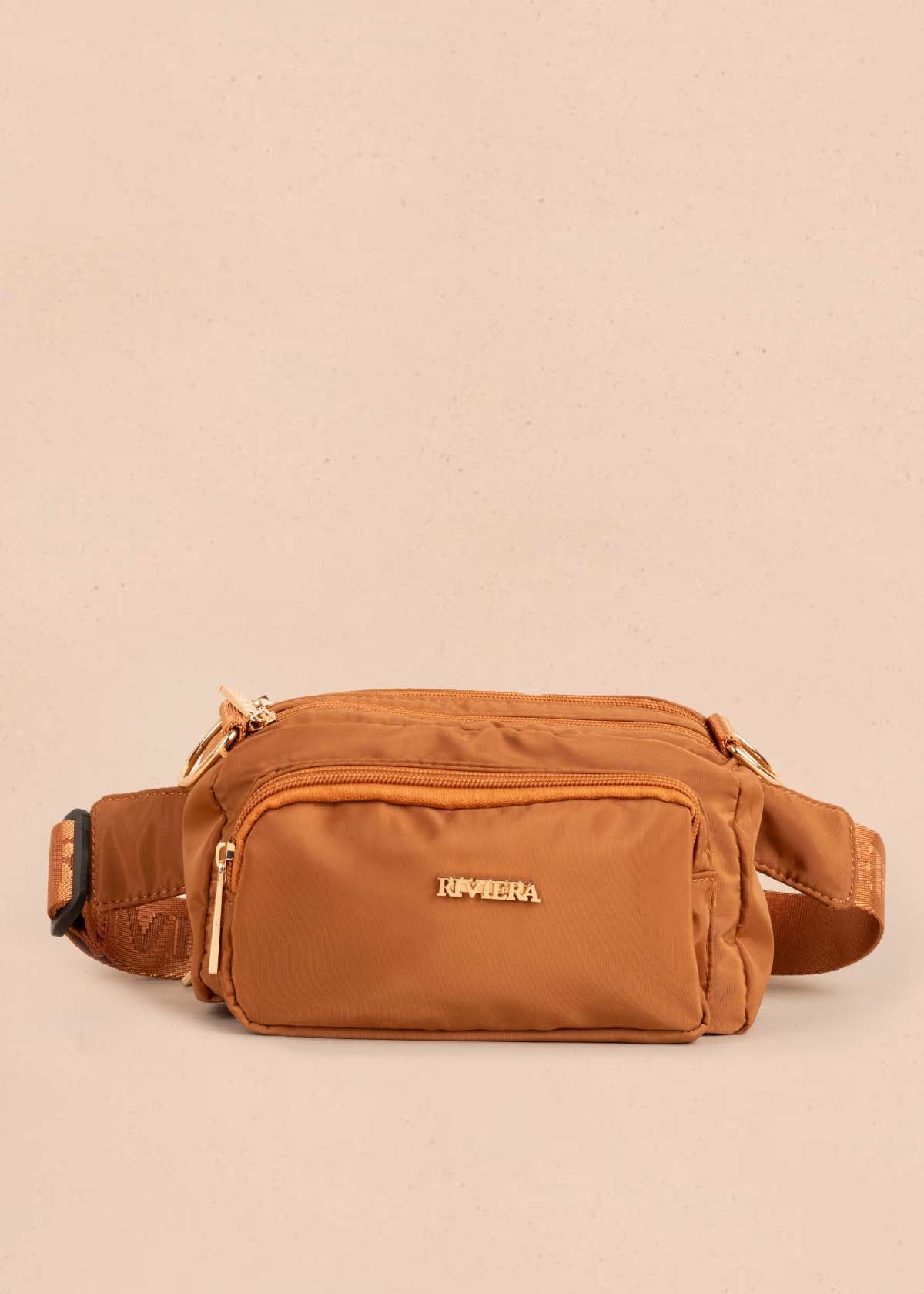 Bolso tipo bandolera color miel con bolsillo frontal 105289