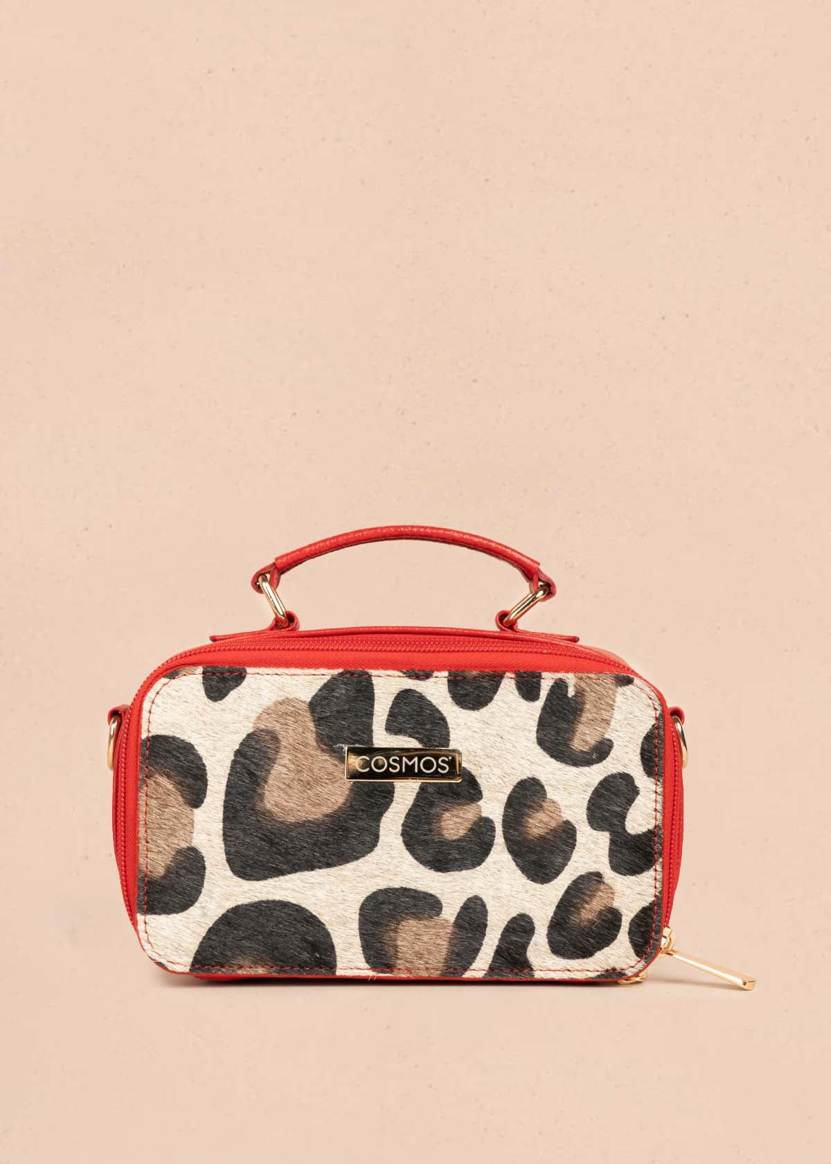 Bolso manos libres en cuero color rojo y cuero con pelo animal print 105315