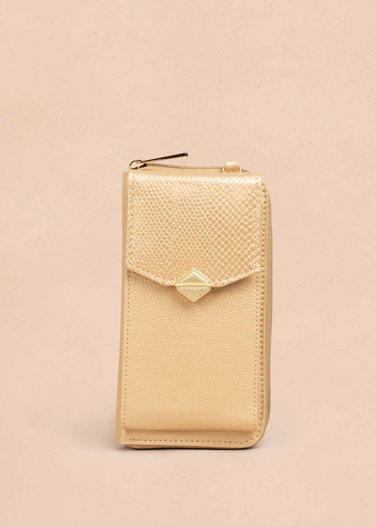 Porta celular en cuero color dorado con bolsillo frontal 105322