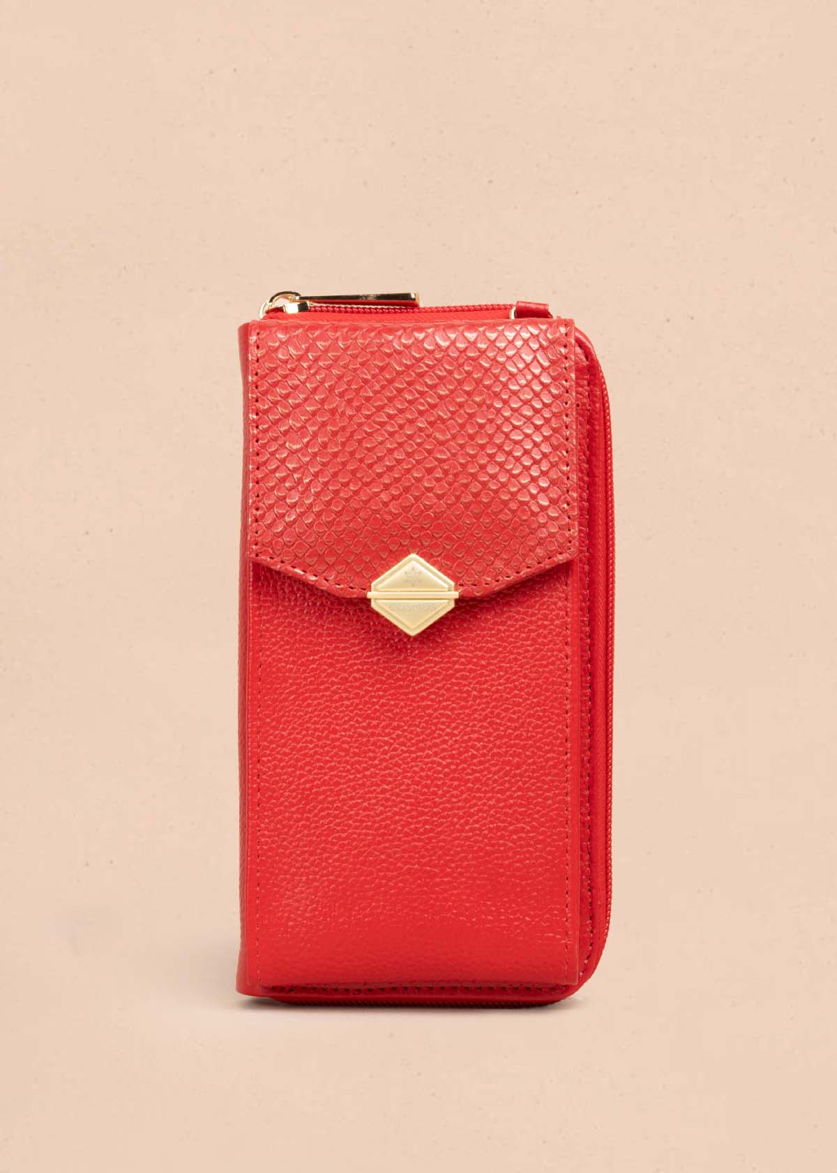 Porta celular en cuero color rojo con bolsillo frontal 105322