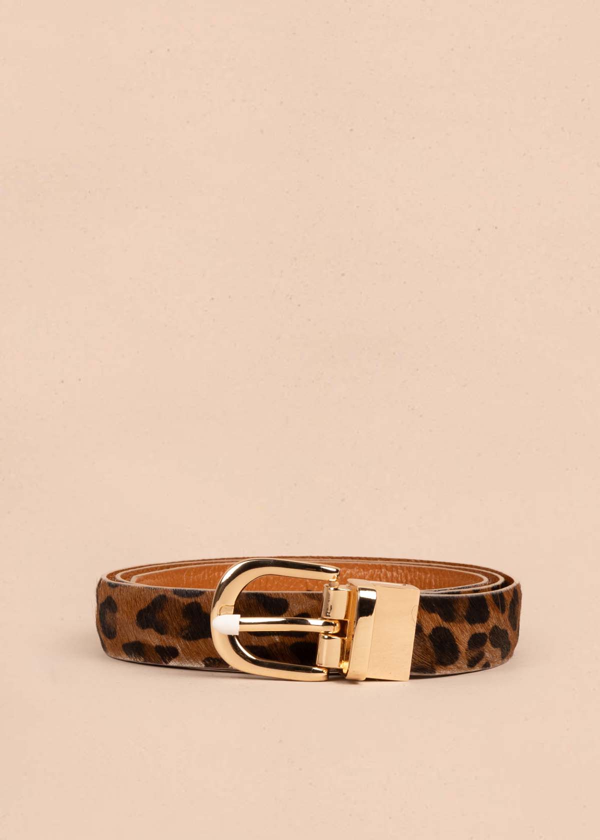 Cinturón en cuero doble faz color miel y cuero con pelo animal print 105561