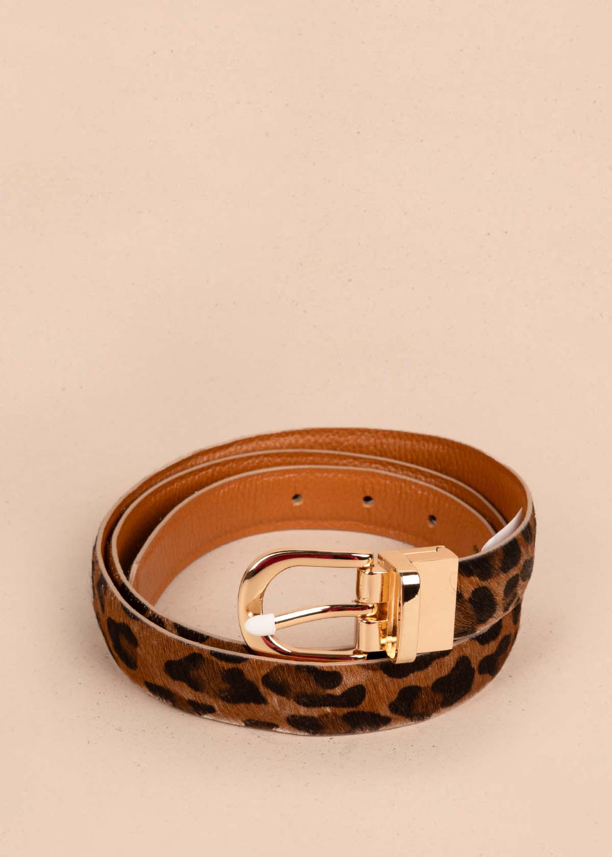 Cinturón en cuero doble faz color miel y cuero con pelo animal print 105561