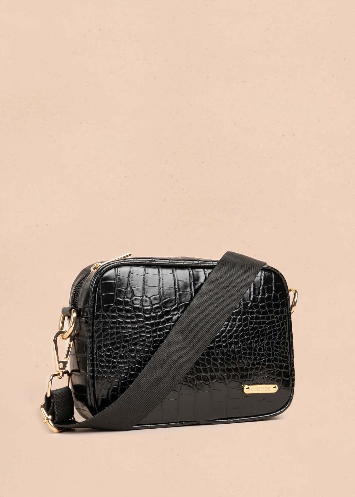 Bolso manos libres color negro con textura croco 105565