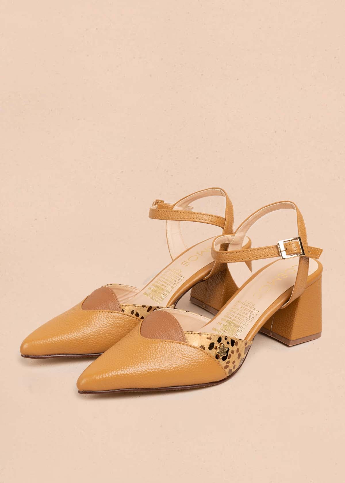 Tacones trabilla en cuero color miel con folia 105582