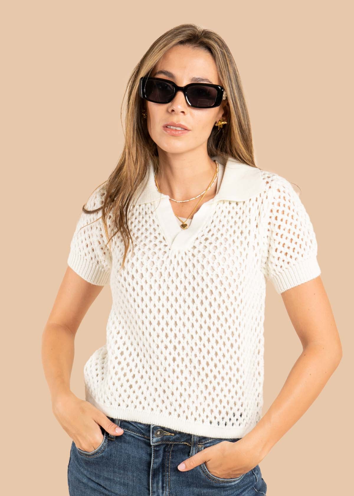 Camiseta tejida en malla color crema 105646