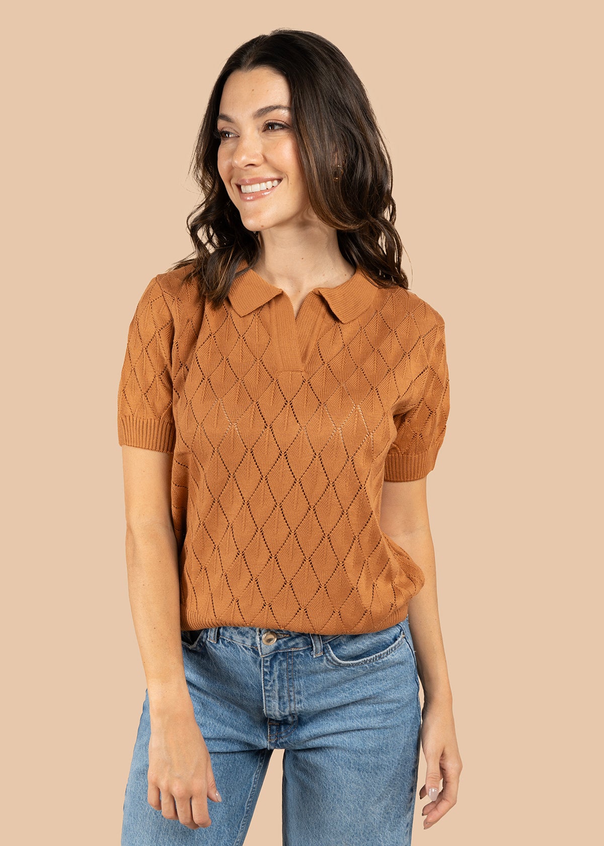 Blusa tejida color camel de manga corta con cuello polo 105748