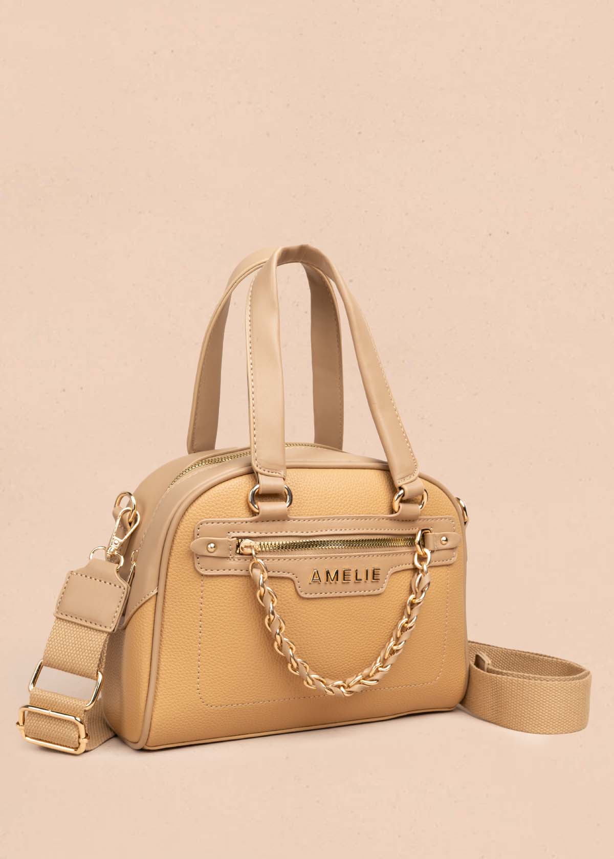 Bolso manos libres color camel con cadena en cierre 105771
