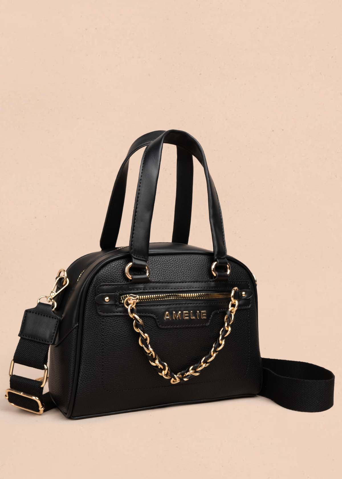 Bolso manos libres color negro con cadena en cierre 105771
