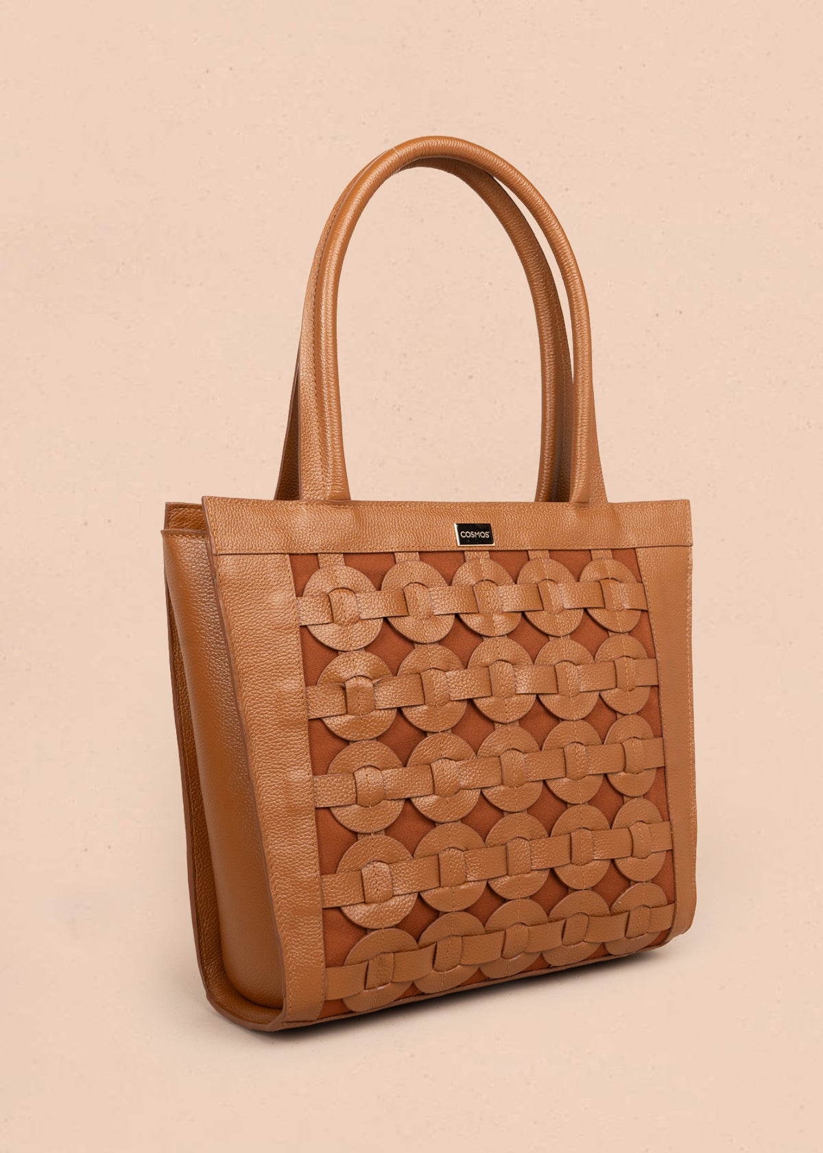 Bolso tipo shopping en cuero color miel con grabado trenzado 105783