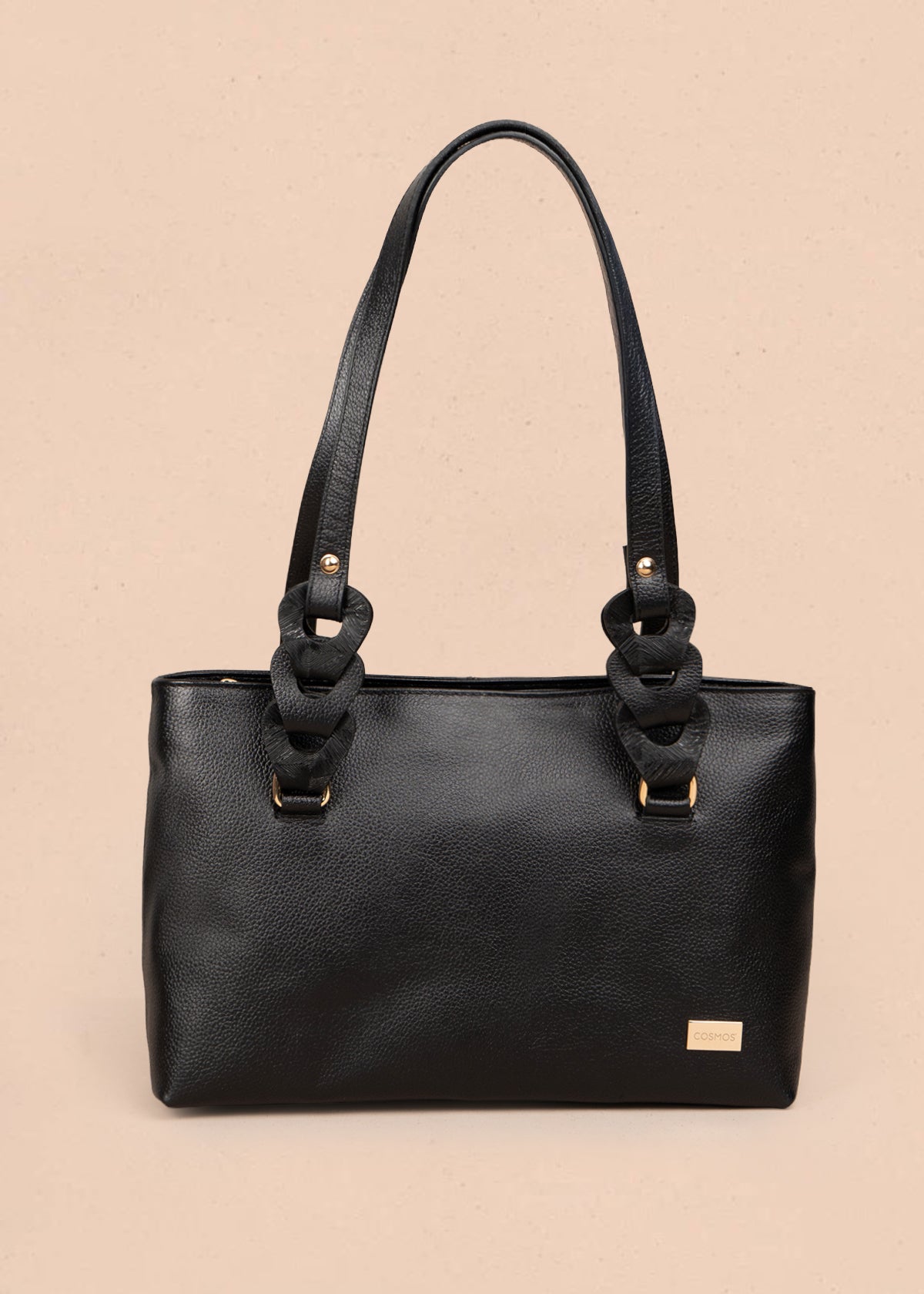 Bolso tipo cartera en cuero color negro con asas en eslabón 105784