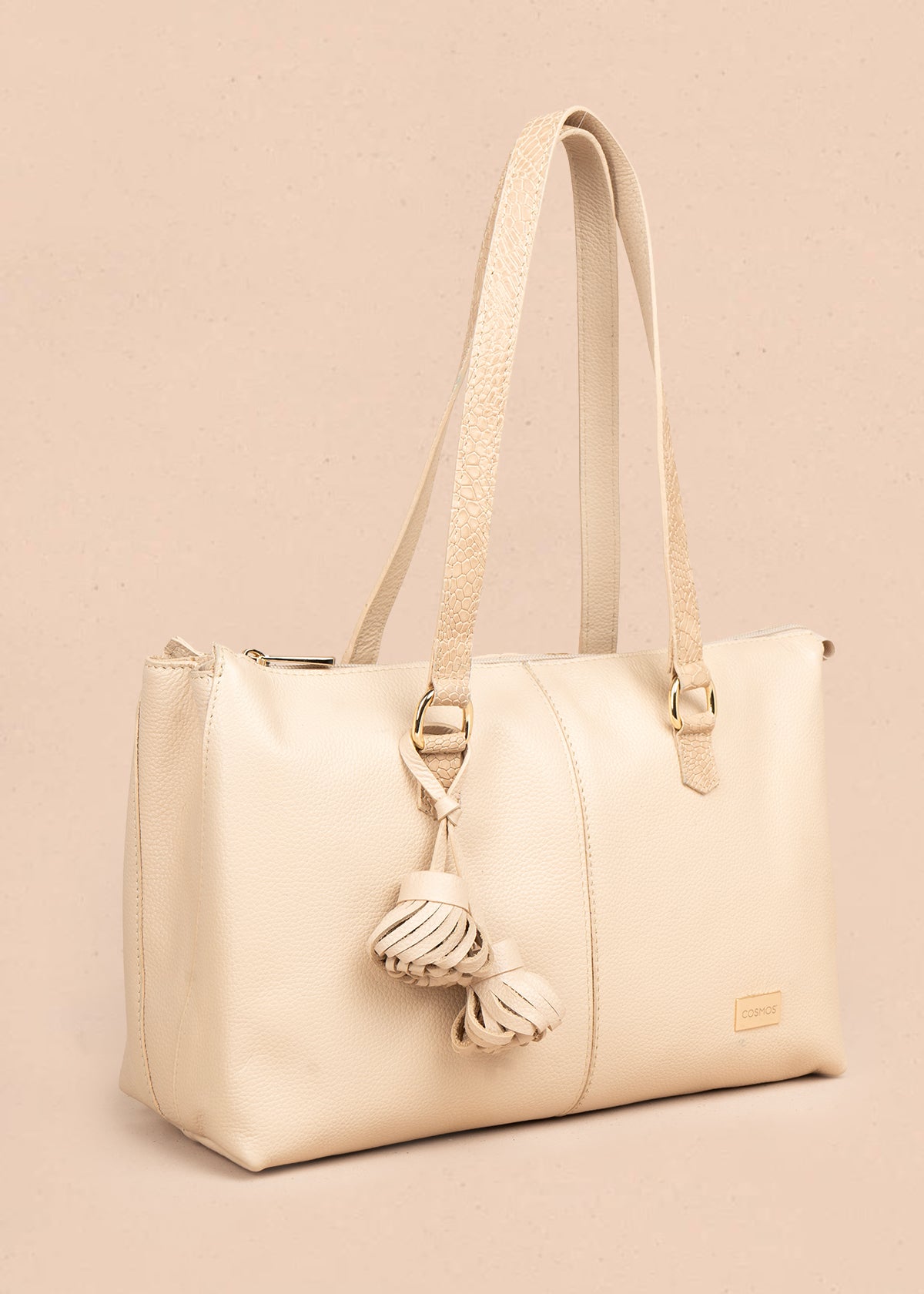 Bolso tipo shopping en cuero color beige con asas textura croco 105785