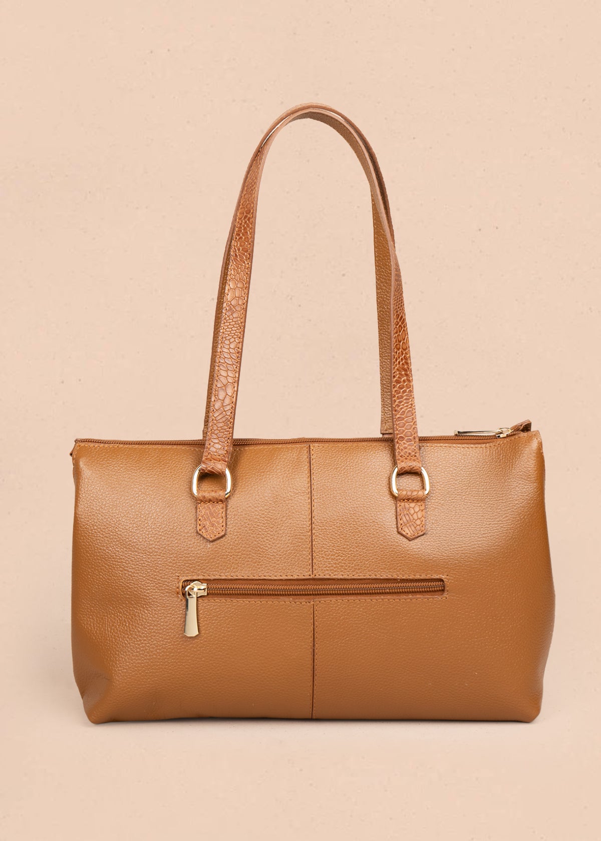 Bolso tipo shopping en cuero color miel con asas textura croco 105785