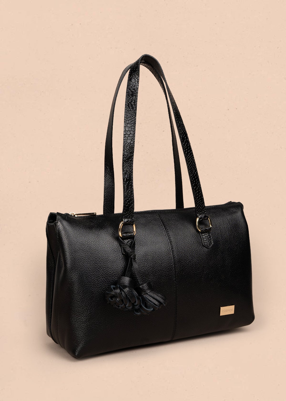 Bolso tipo shopping en cuero color negro con asas textura croco 105785