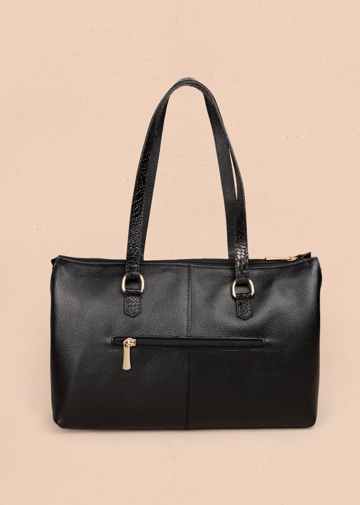 Bolso tipo shopping en cuero color negro con asas textura croco 105785