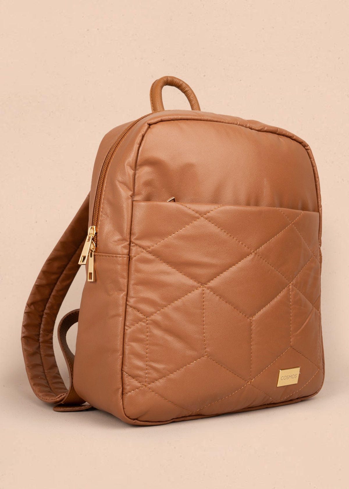 Morral en cuero color miel con costuras en rombos 105790