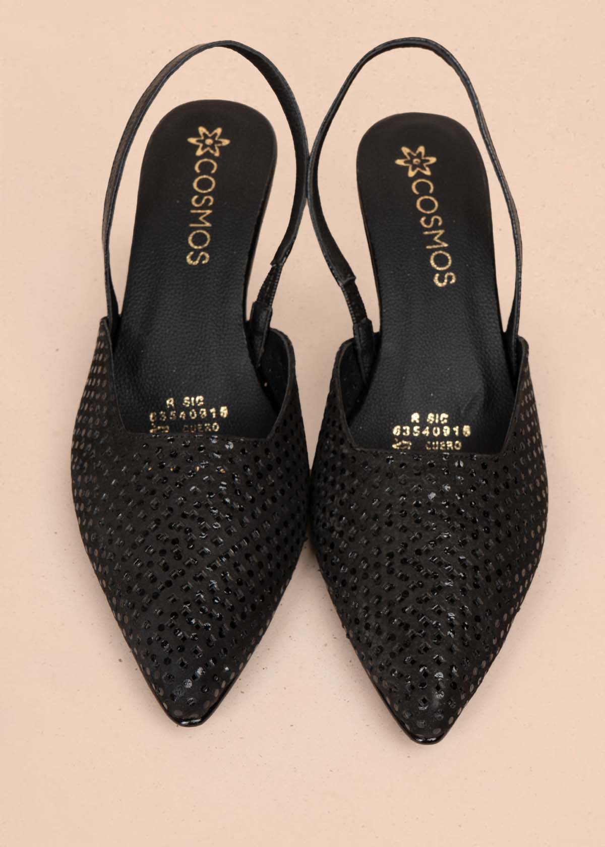 Tacones trabilla en cuero con folia color negro y tacón copa 105924