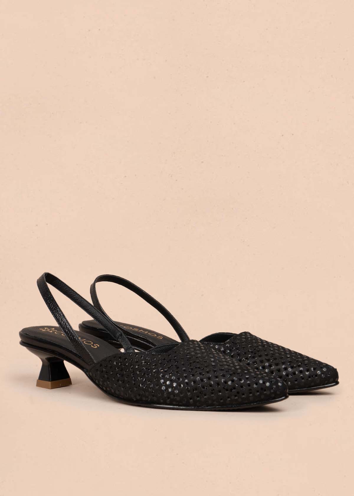 Tacones trabilla en cuero con folia color negro y tacón copa 105924