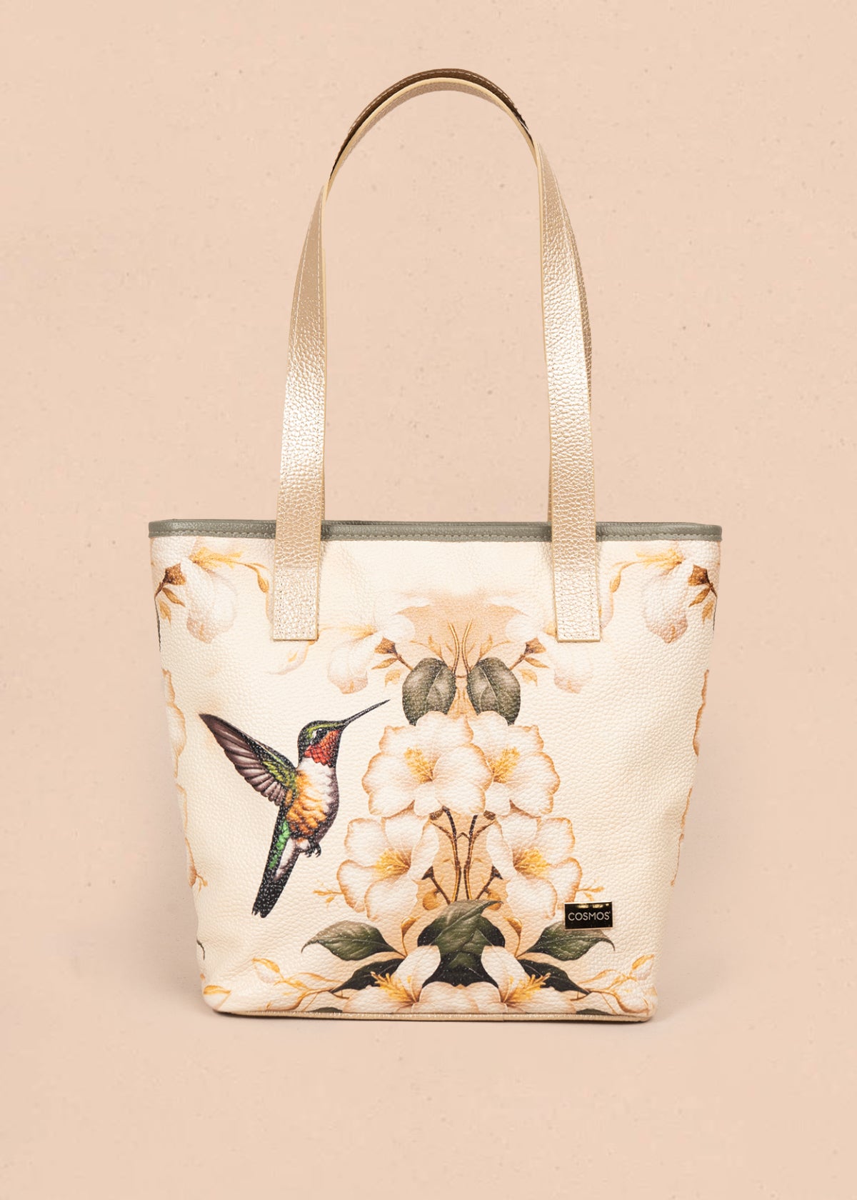 Bolso en cuero color talco con estampado de colibrí y flores 105930