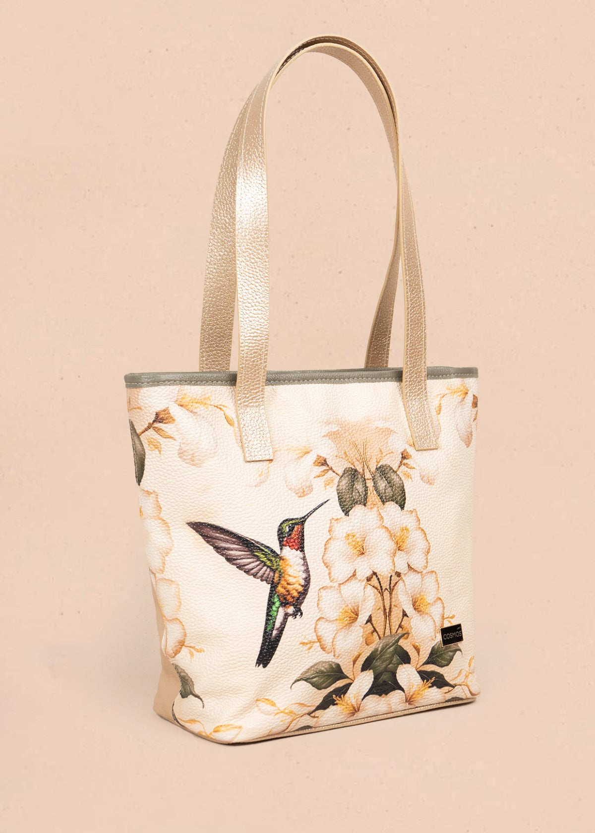 Bolso en cuero color talco con estampado de colibrí y flores 105930