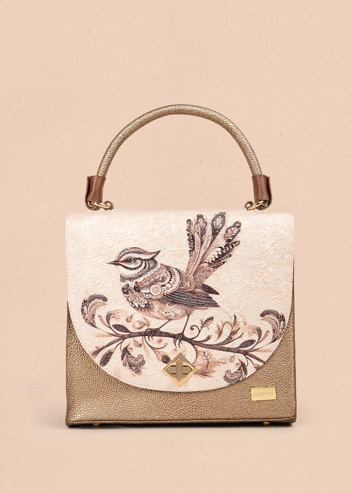 Bolso en cuero color beige con estampado de ave floral 105932