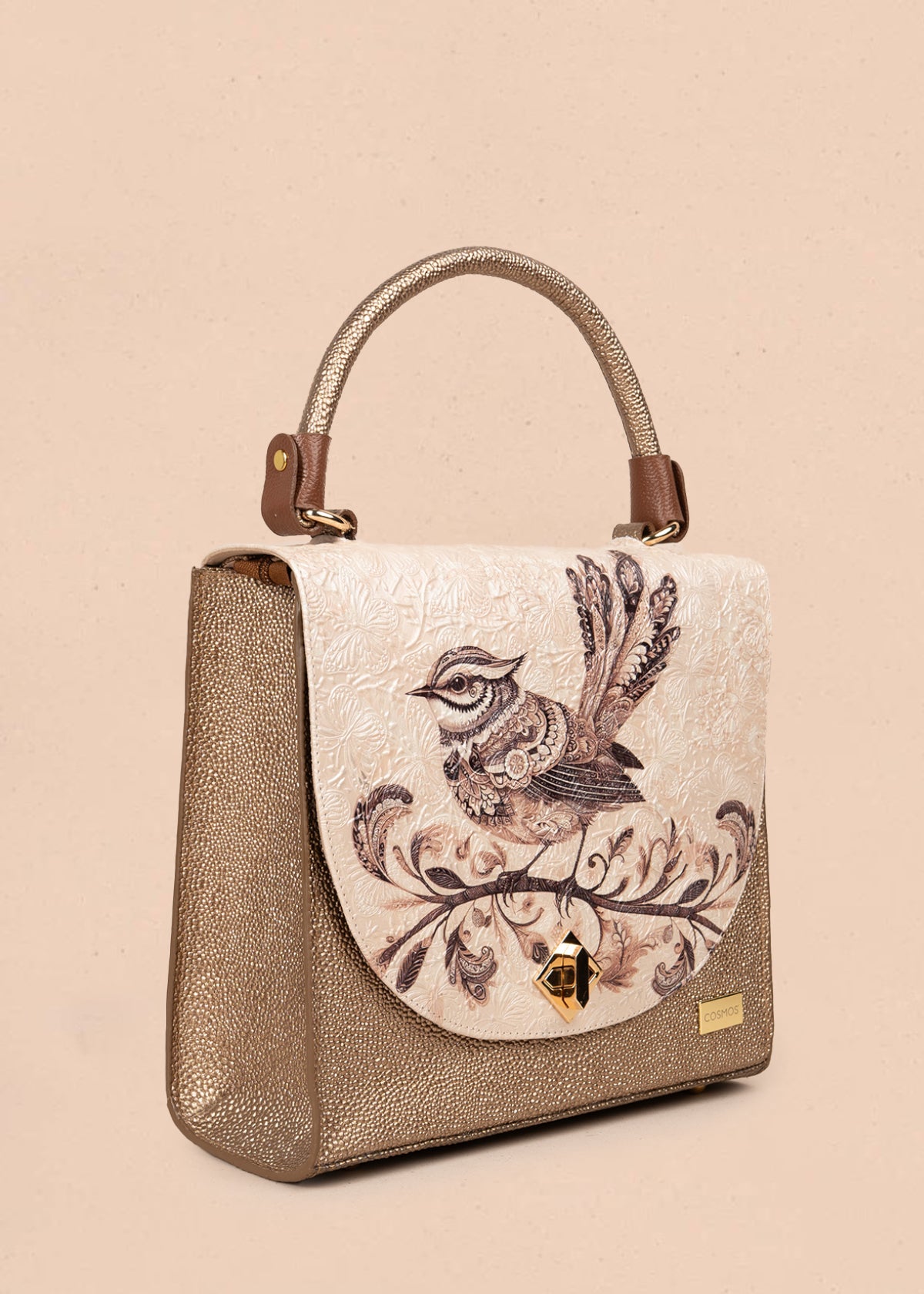 Bolso en cuero color beige con estampado de ave floral 105932