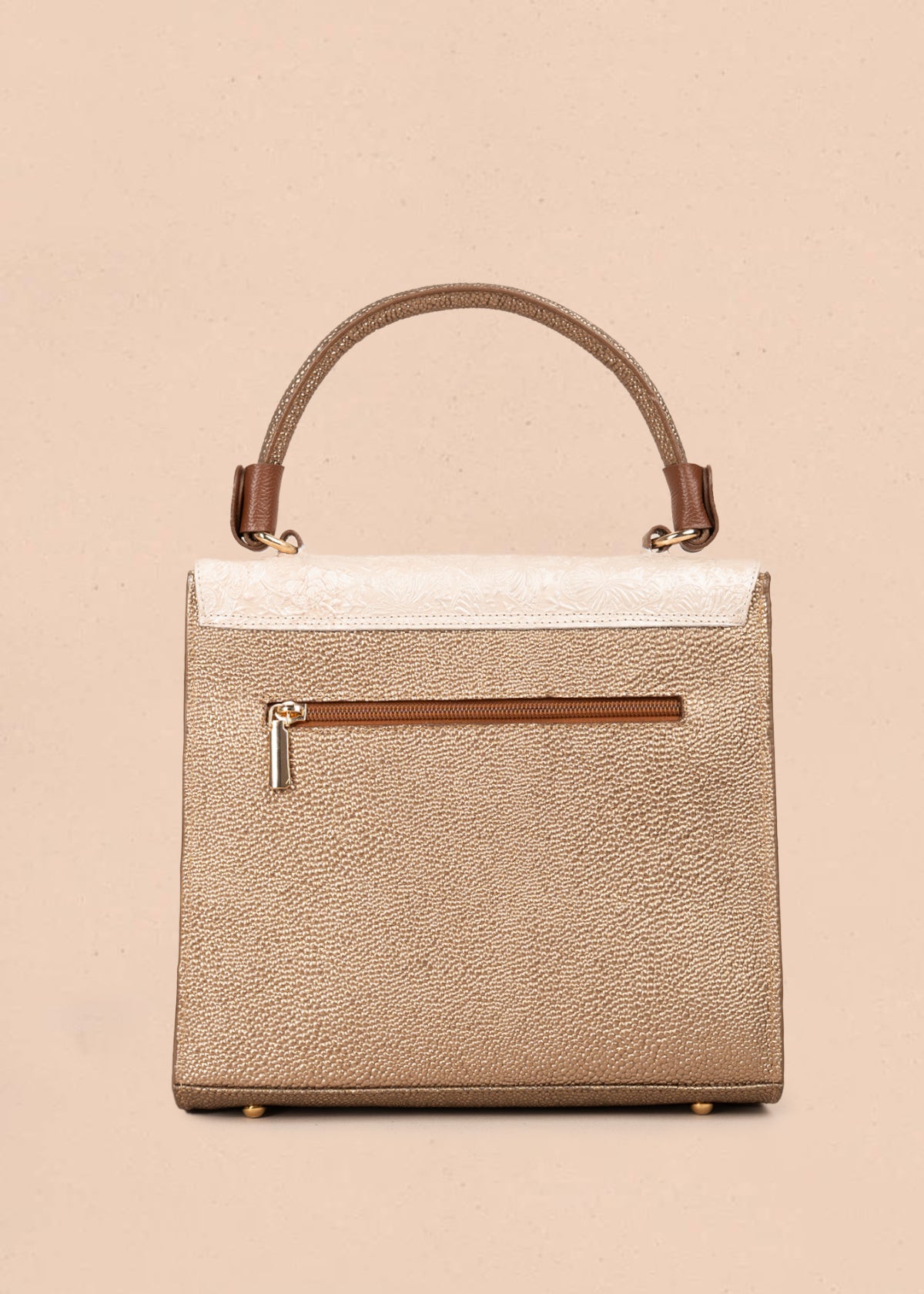 Bolso en cuero color beige con estampado de ave floral 105932