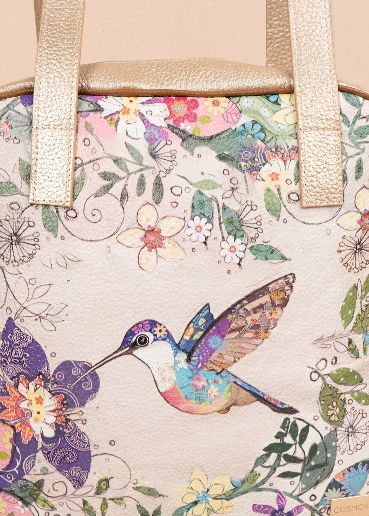 Bolso en cuero color talco con diseño de colibrí y flores tropicales 105936
