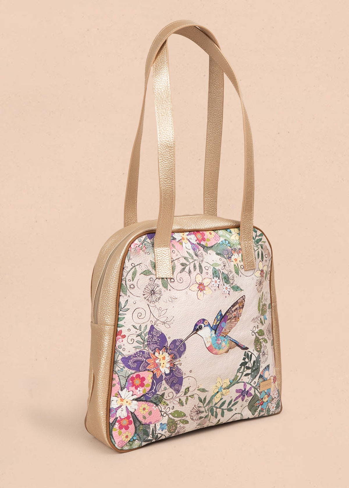 Bolso en cuero color talco con diseño de colibrí y flores tropicales 105936