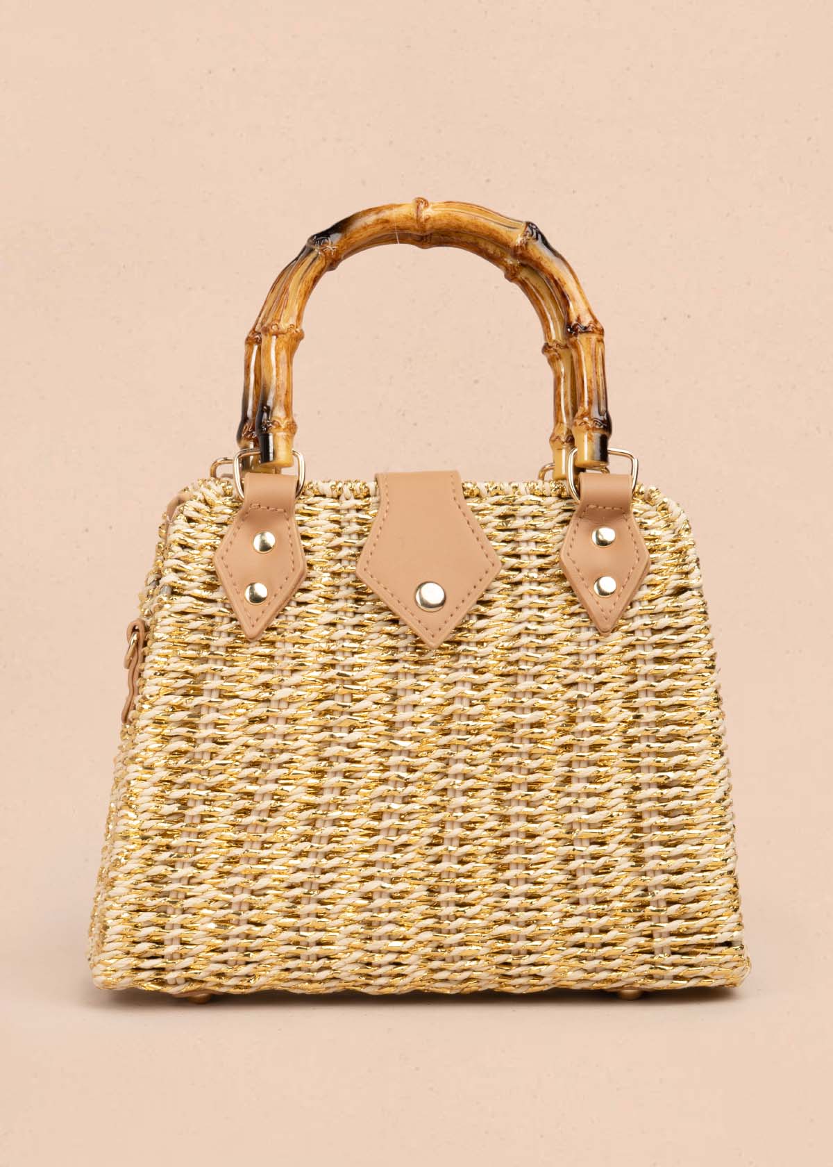 Bolso de mano tipo canasta con asa de bambú color beige 105940