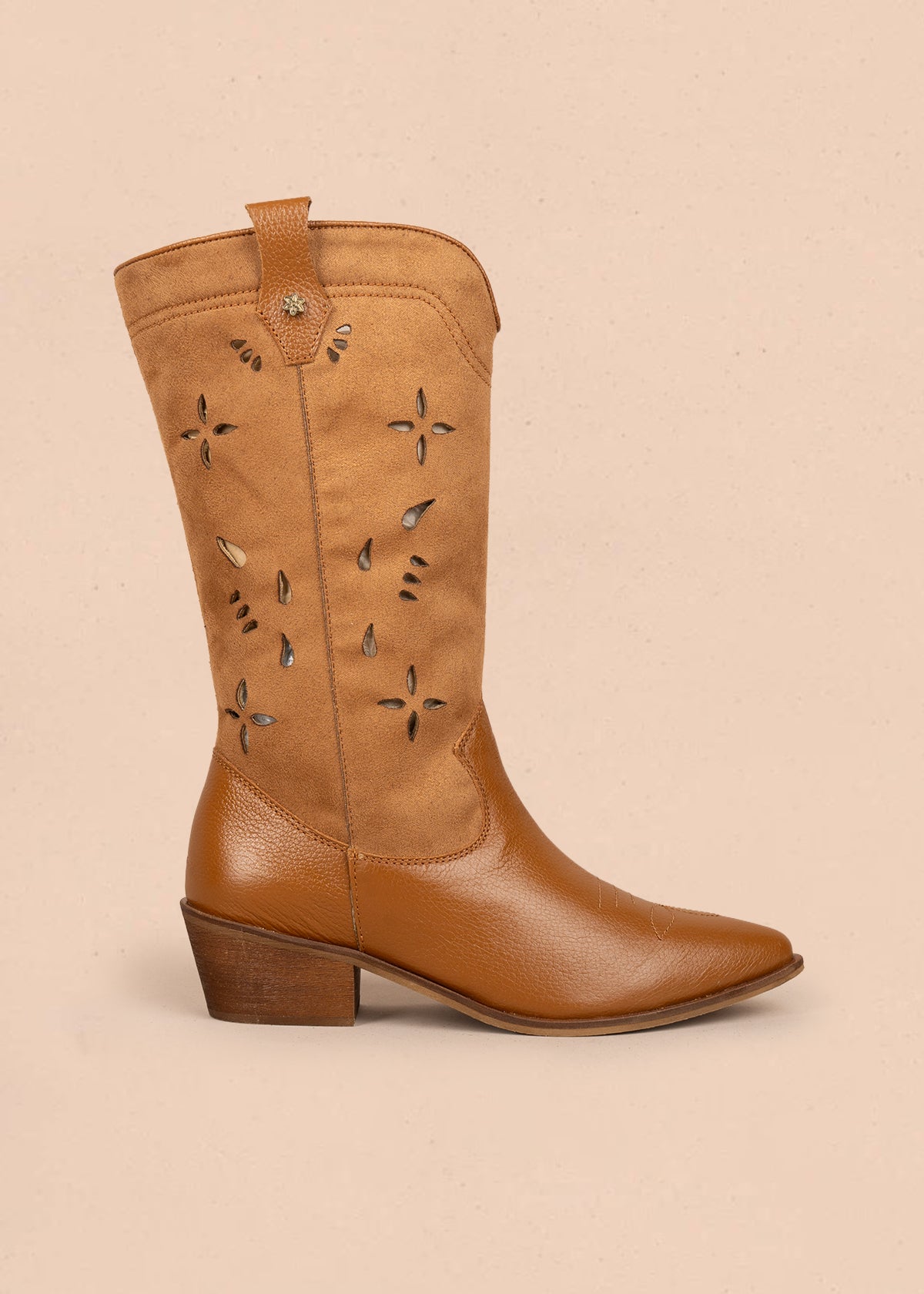 Botas texanas en cuero color miel caña en textil y perforaciones 106166