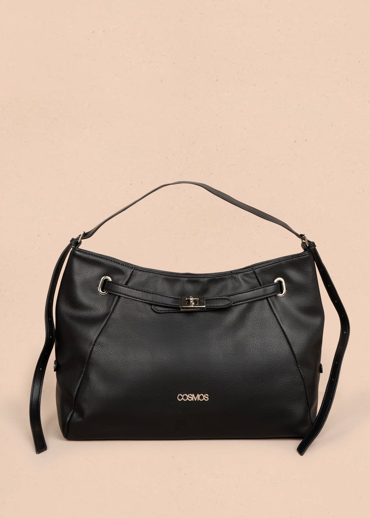 Bolso tipo shopping color negro con correa frontal 106182