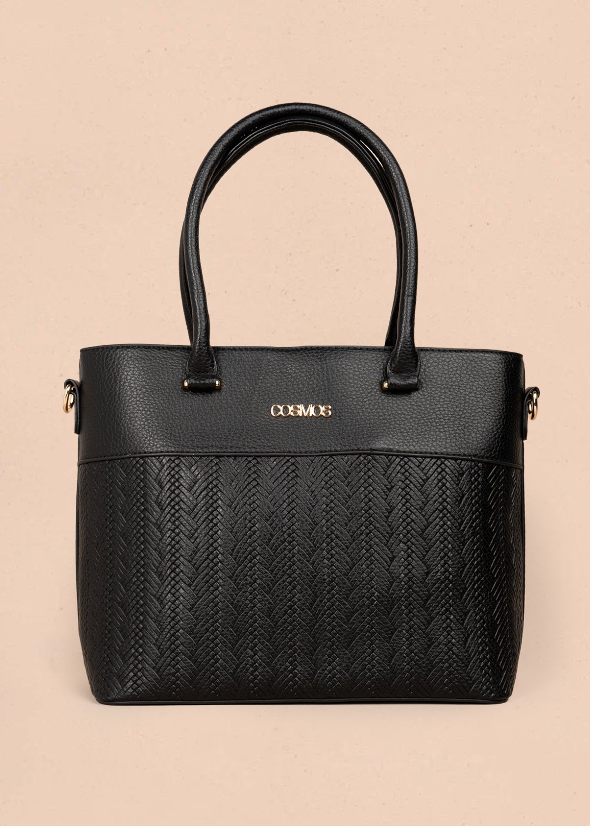 Bolso tipo shopping color negro con grabado tipo espiga 106289