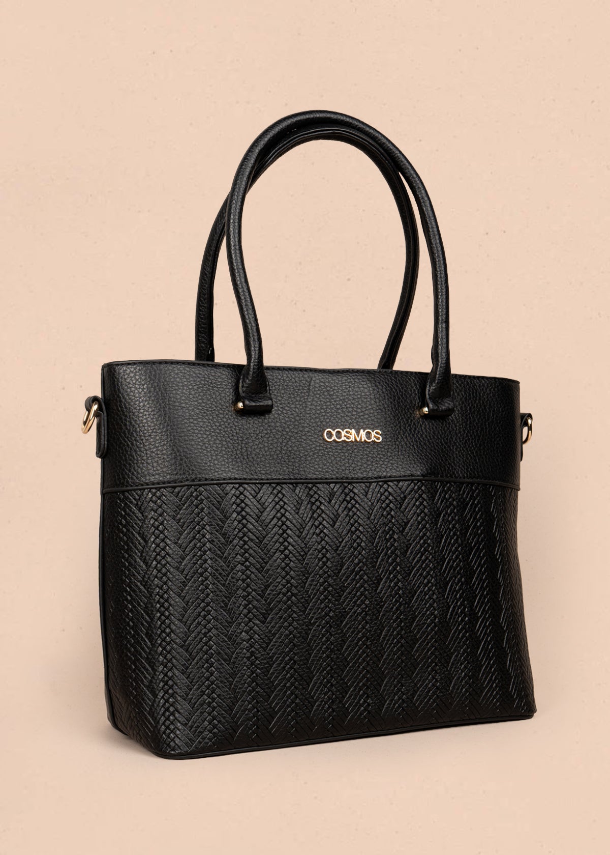 Bolso tipo shopping color negro con grabado tipo espiga 106289