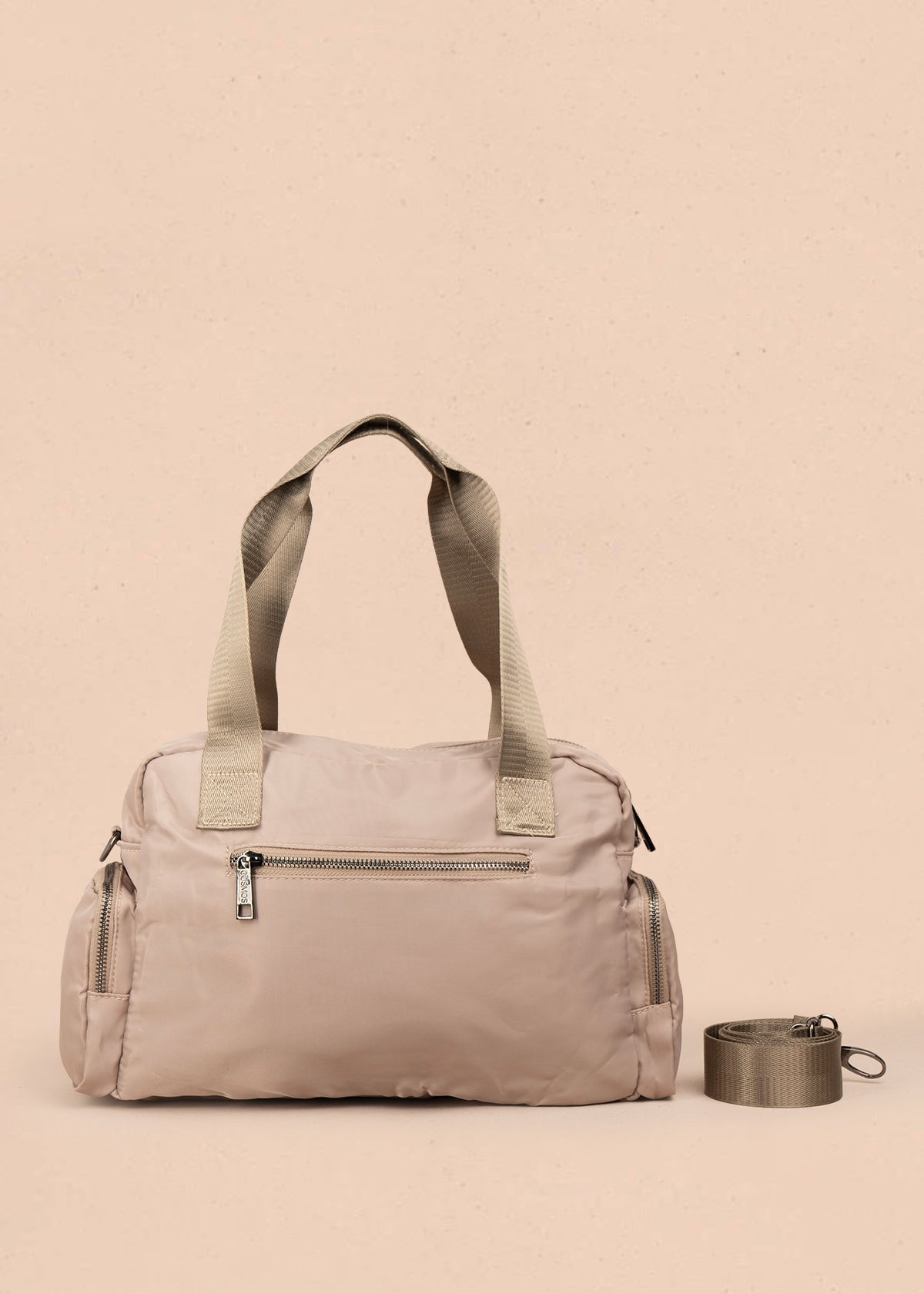 Bolso tipo cartera color beige con bolsillos frontales y laterales 106293