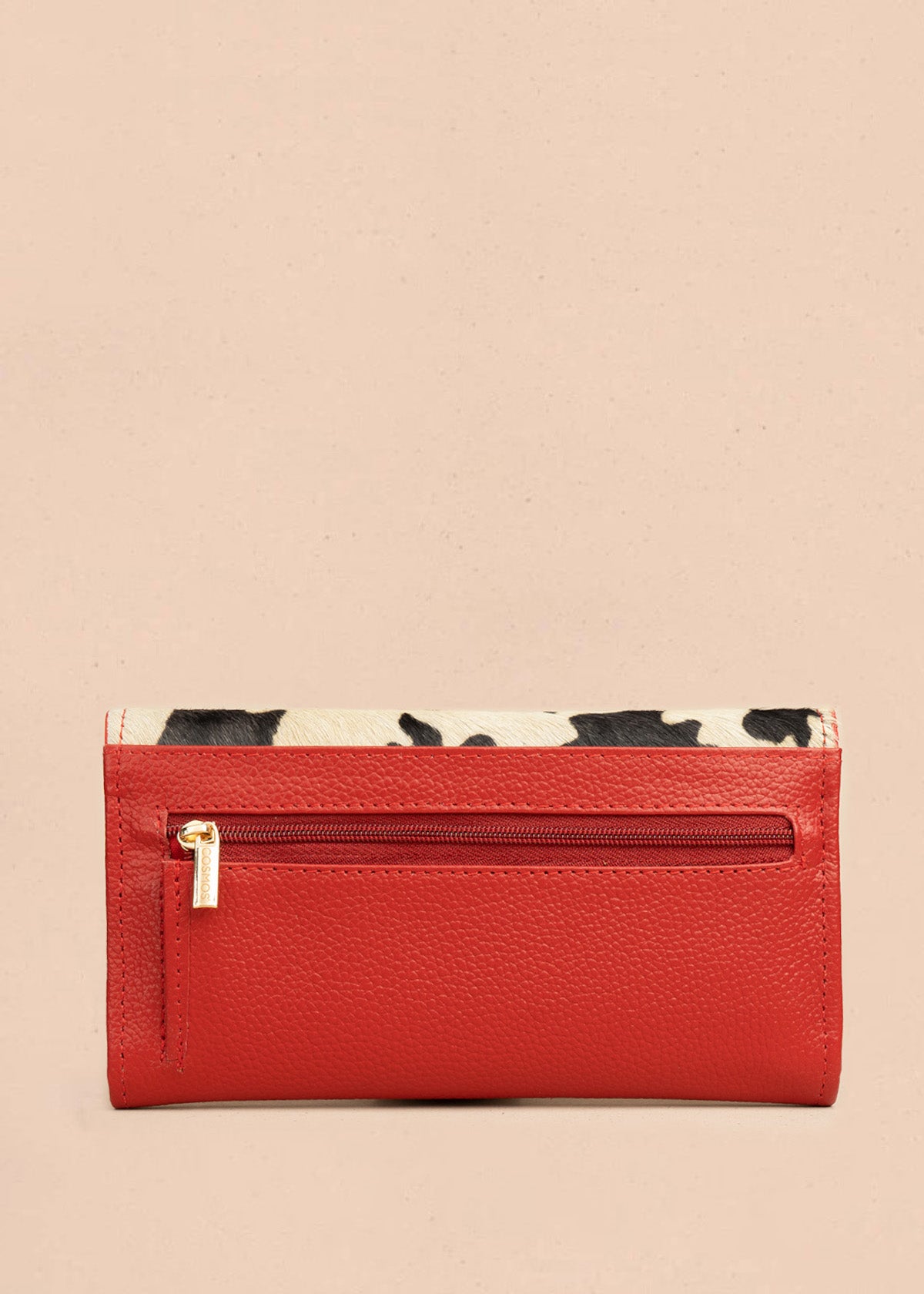 Billetera grande de cuero color rojo con solapa animal print 106319