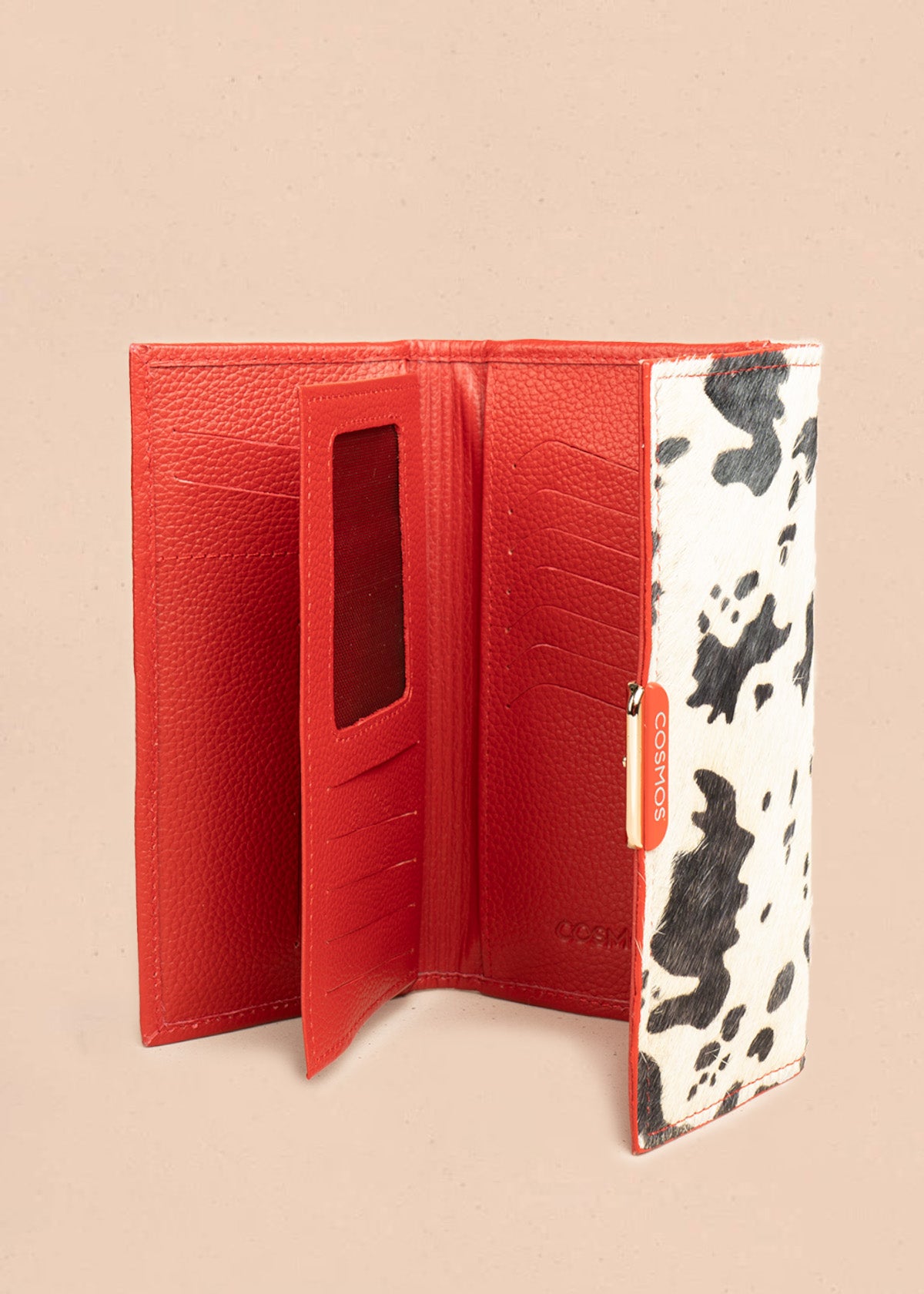 Billetera grande de cuero color rojo con solapa animal print 106319