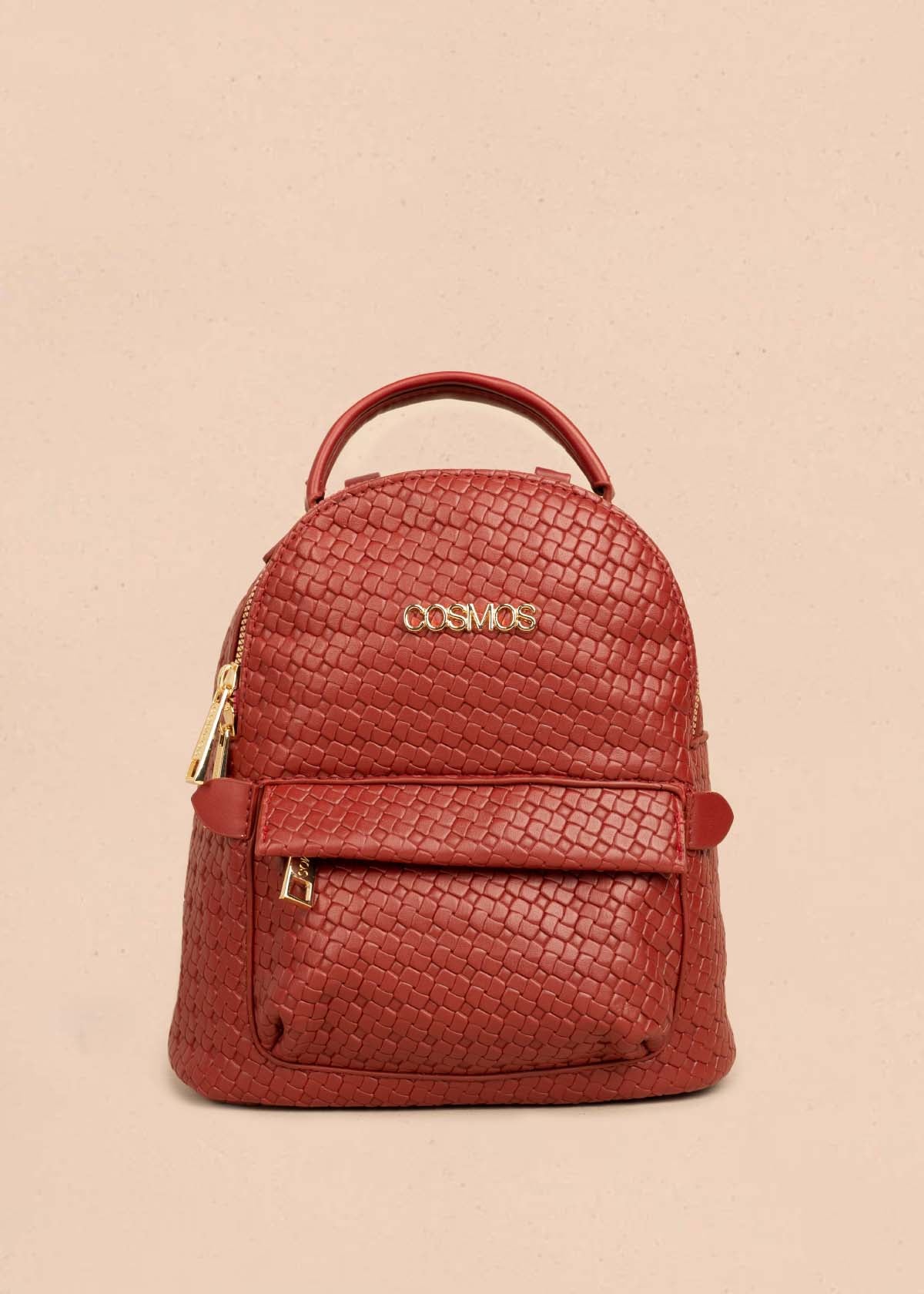 Morral color rojo con bolsillo delantero y textura trenzada 106324