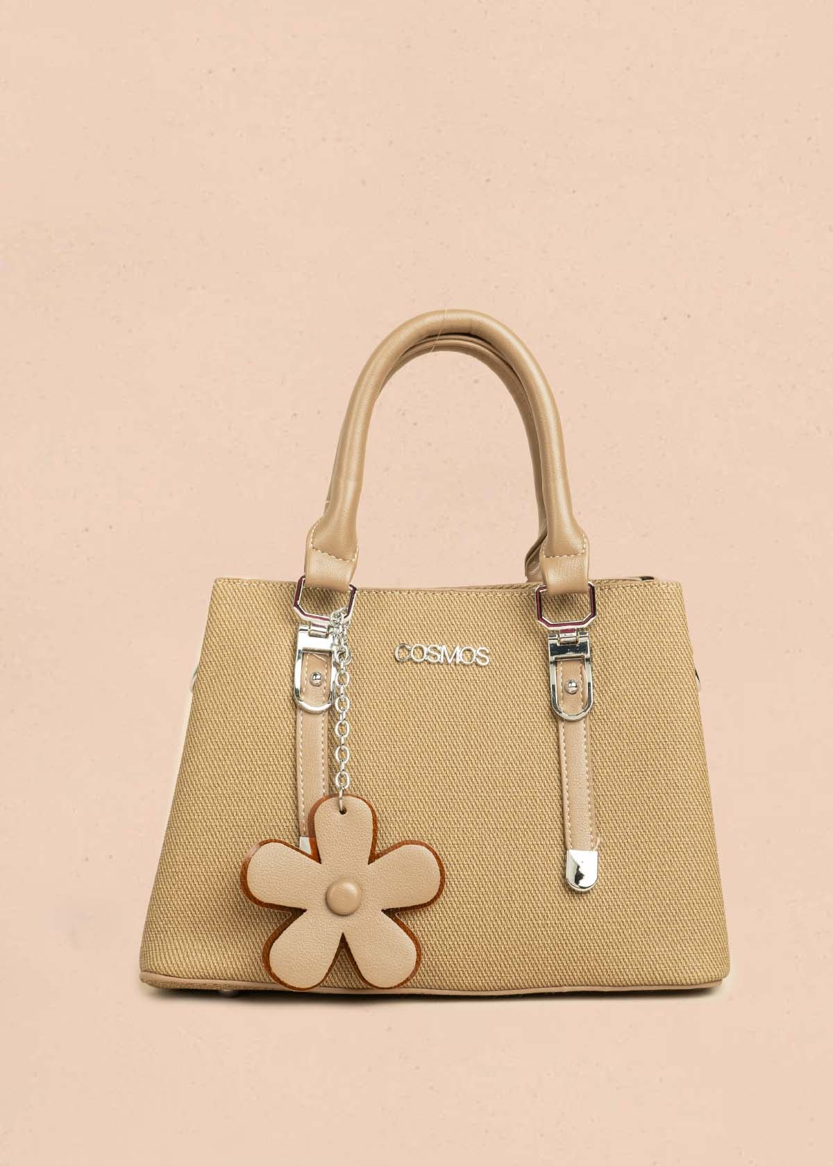 Bolso tipo cartera color caqui textura en lona y llavero de flor 106329