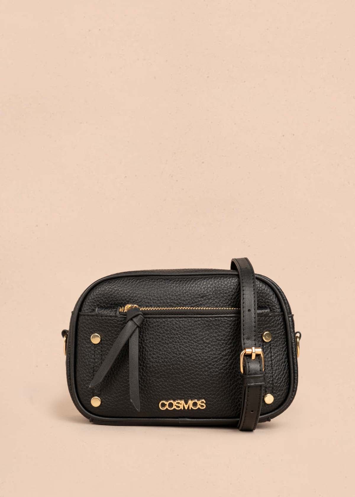 Bolso manos libres color negro con ribete y tachuelas doradas 106332