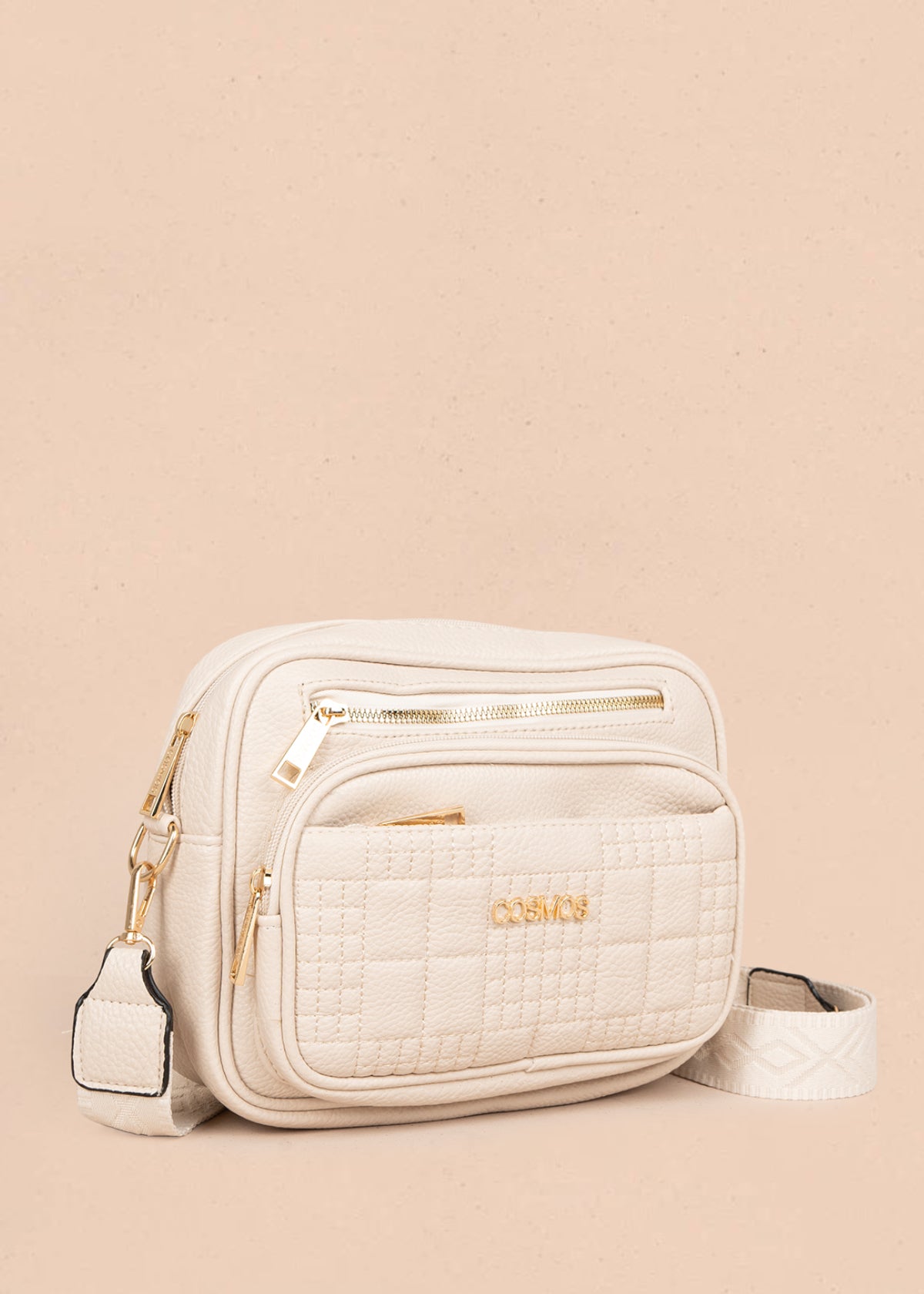 Bolso manos libres color beige con doble cremallera dorada 106336