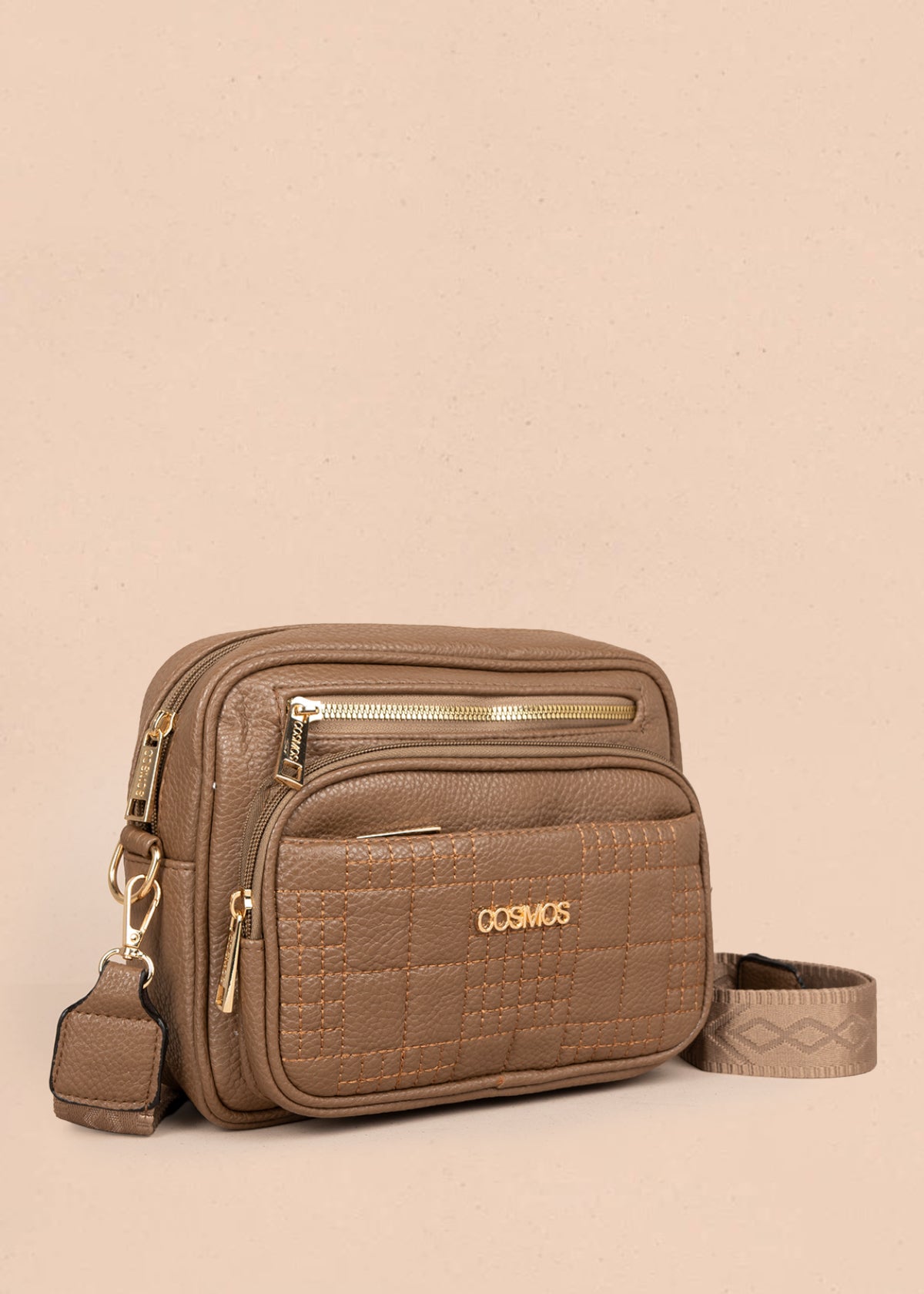 Bolso manos libres color café con doble cremallera dorada 106336