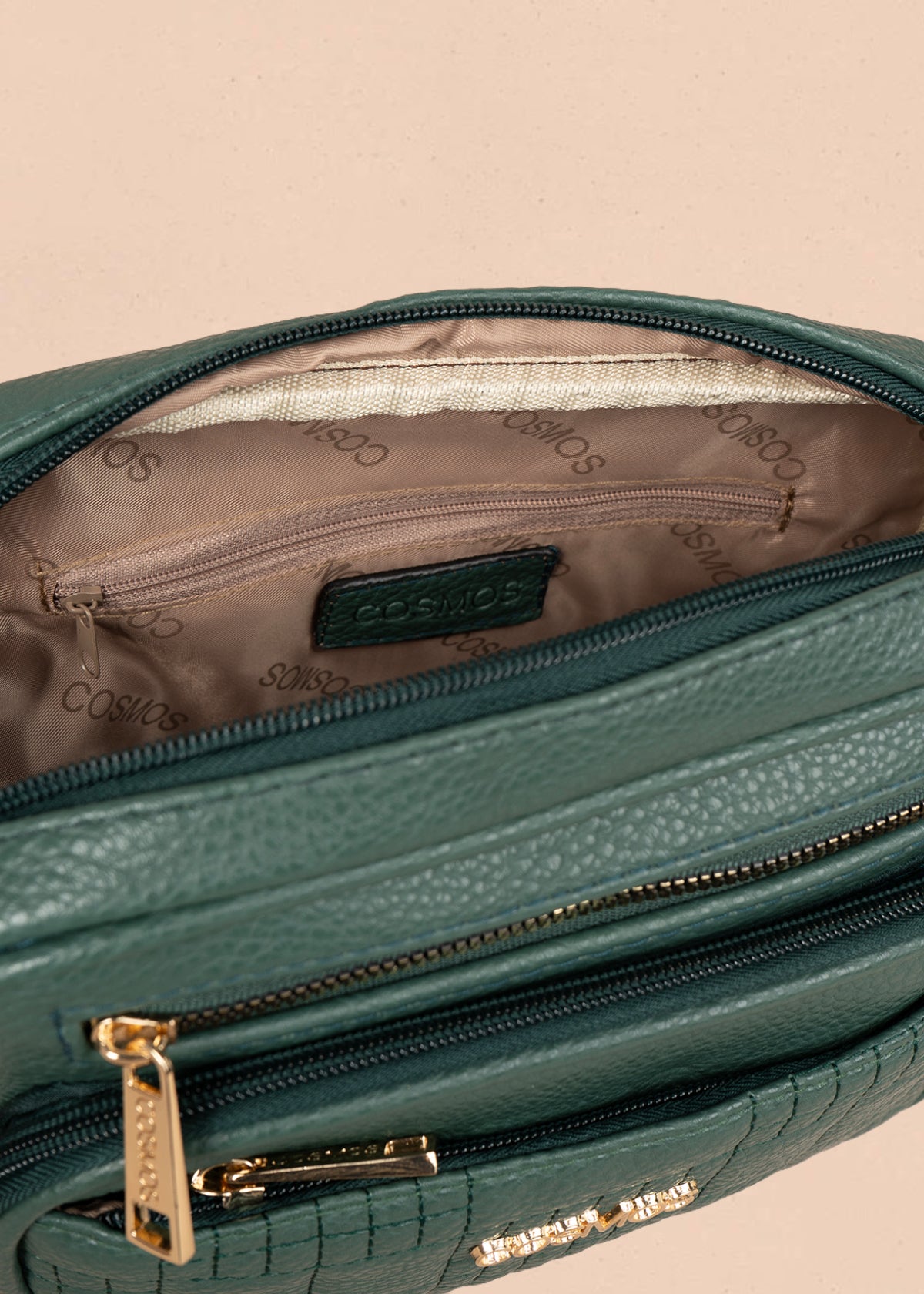 Bolso manos libres color verde con doble cremallera dorada 106336