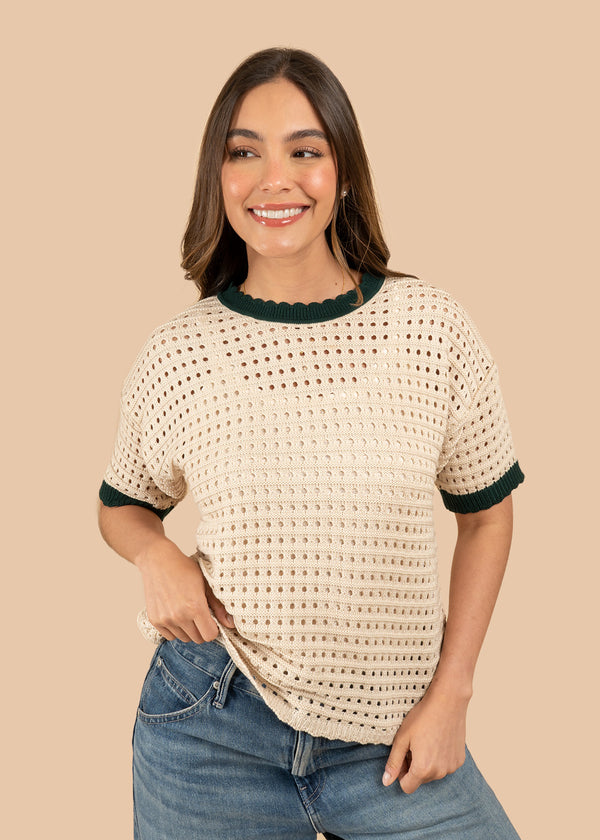 Blusa tejida color verde tipo perforado manga corta 106459