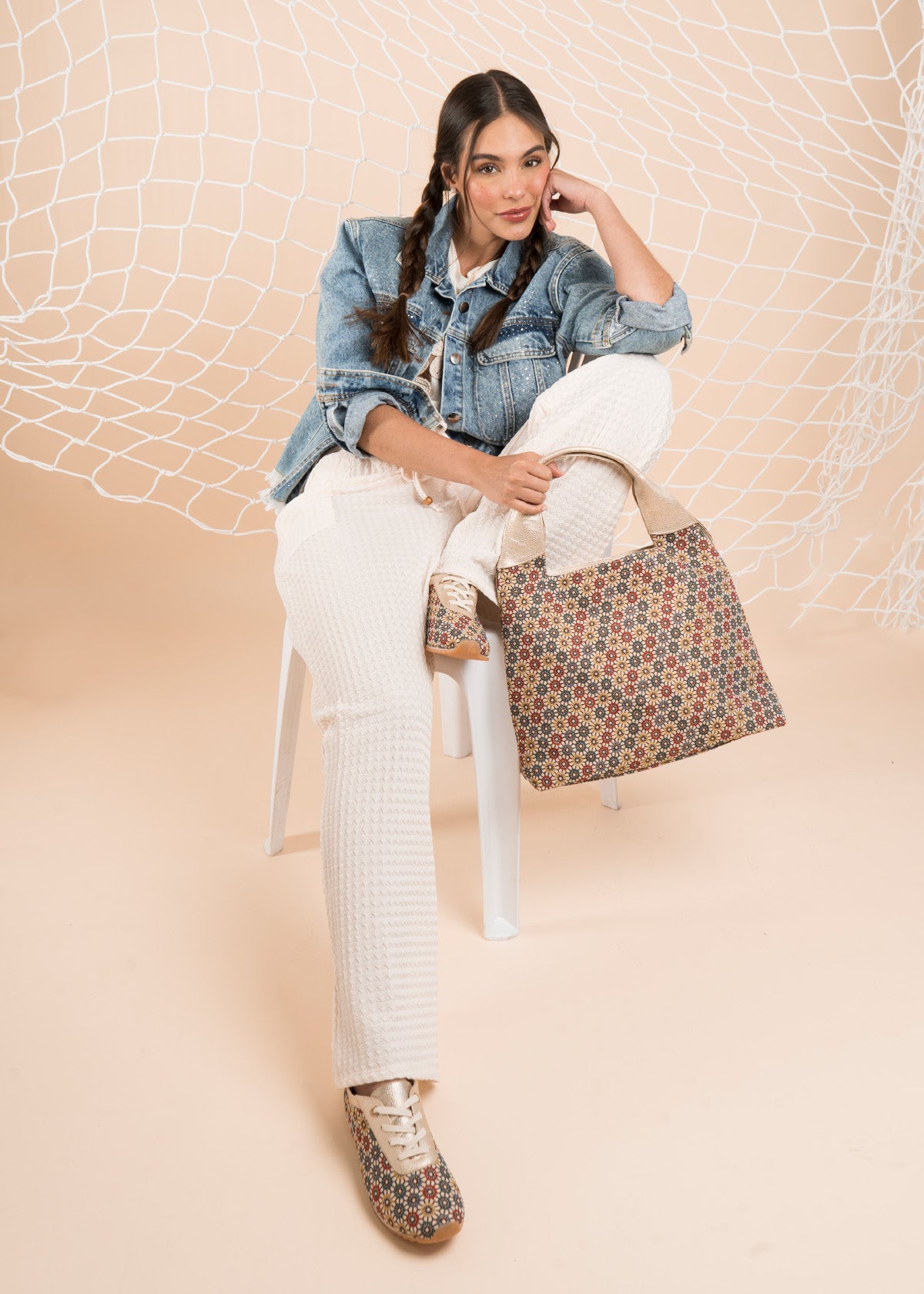 Bolso tipo shopping en cuero multicolor con estampado floral 106483