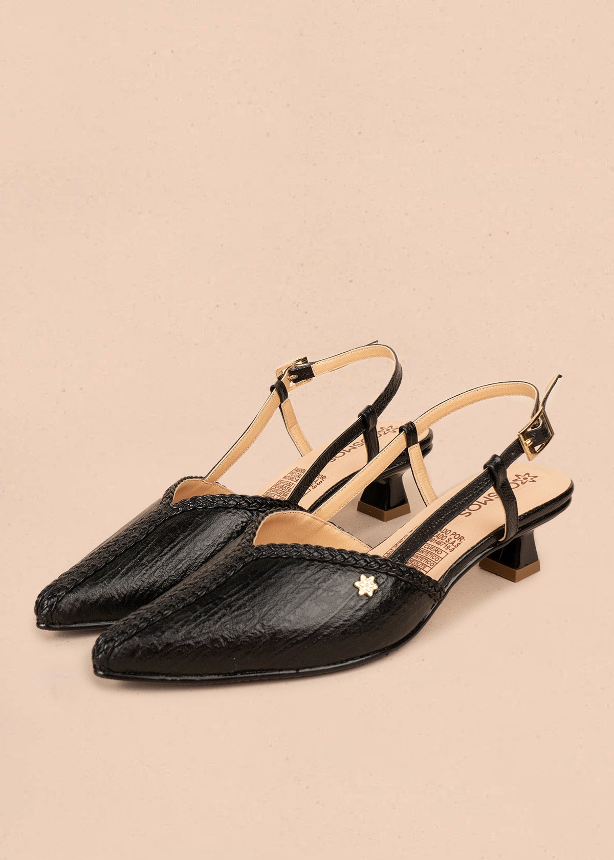 Tacones trabilla de cuero color negro con trenzado decorativo 106504